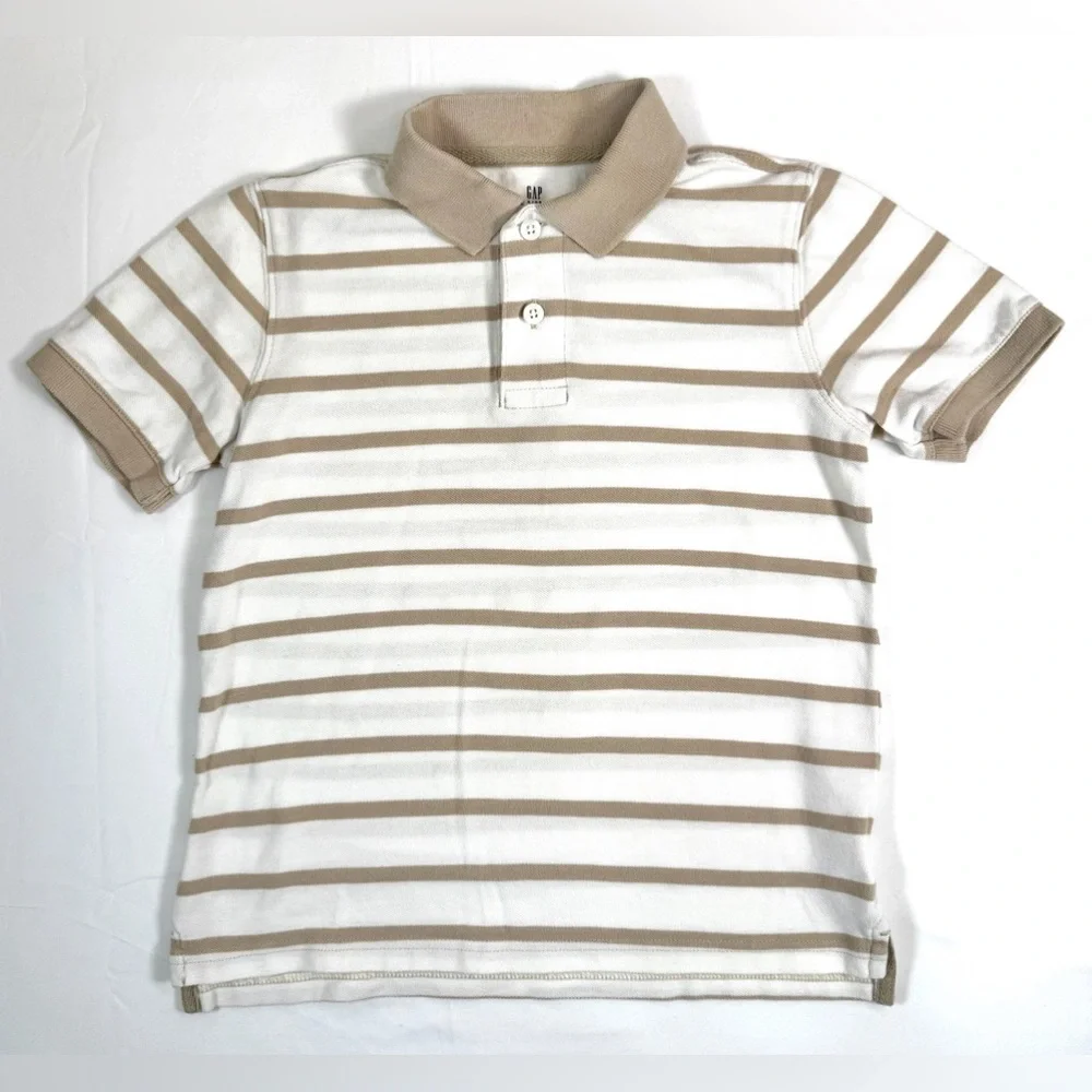 GAP KIDS Boys Striped Polo Shirt Size M 8-9 Khaki Cream Short Sleeve Classic‎